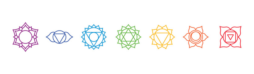 Basic human chakra system. 7 chakras. Set of seven chakra symbols of human body. Root, Navel, Solar plexus, Heart, Throat, Third eye, Crown - obrazy, fototapety, plakaty