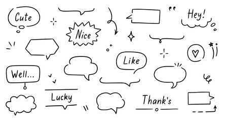 Balloon text frame decoration set. Simple hand drawn pen line speech bubble, cloud, balloon frame for text border. Doodle elegant dialog bubble, title headline. Vector illustration - obrazy, fototapety, plakaty