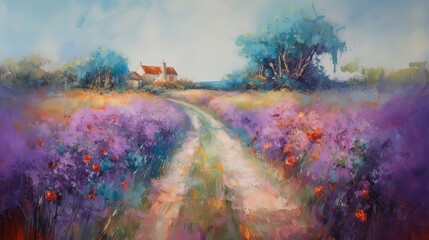 landscape illustration, purple flower tree beside countryside road, idea for home wall art decor picture,  Generative Ai