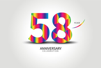 58 Year Anniversary Celebration Logo colorful vector, 58 Number Design, 58th Birthday Logo, Logotype Number, Vector Anniversary For Celebration, Invitation Card, Greeting Card. logo number Anniversary