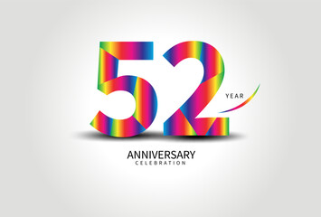 52 Year Anniversary Celebration Logo colorful vector, 52 Number Design, 52th Birthday Logo, Logotype Number, Vector Anniversary For Celebration, Invitation Card, Greeting Card. logo number Anniversary
