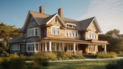 Fototapeta na wymiar Shingle exterior house design in daytime golden hour generative ai