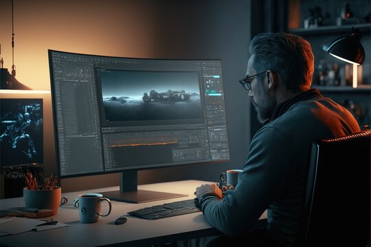 Film editor or sound engineer working on his desk with computer in home office with multi screens which displays footage. Content creator making video concept. Superb Generative AI.