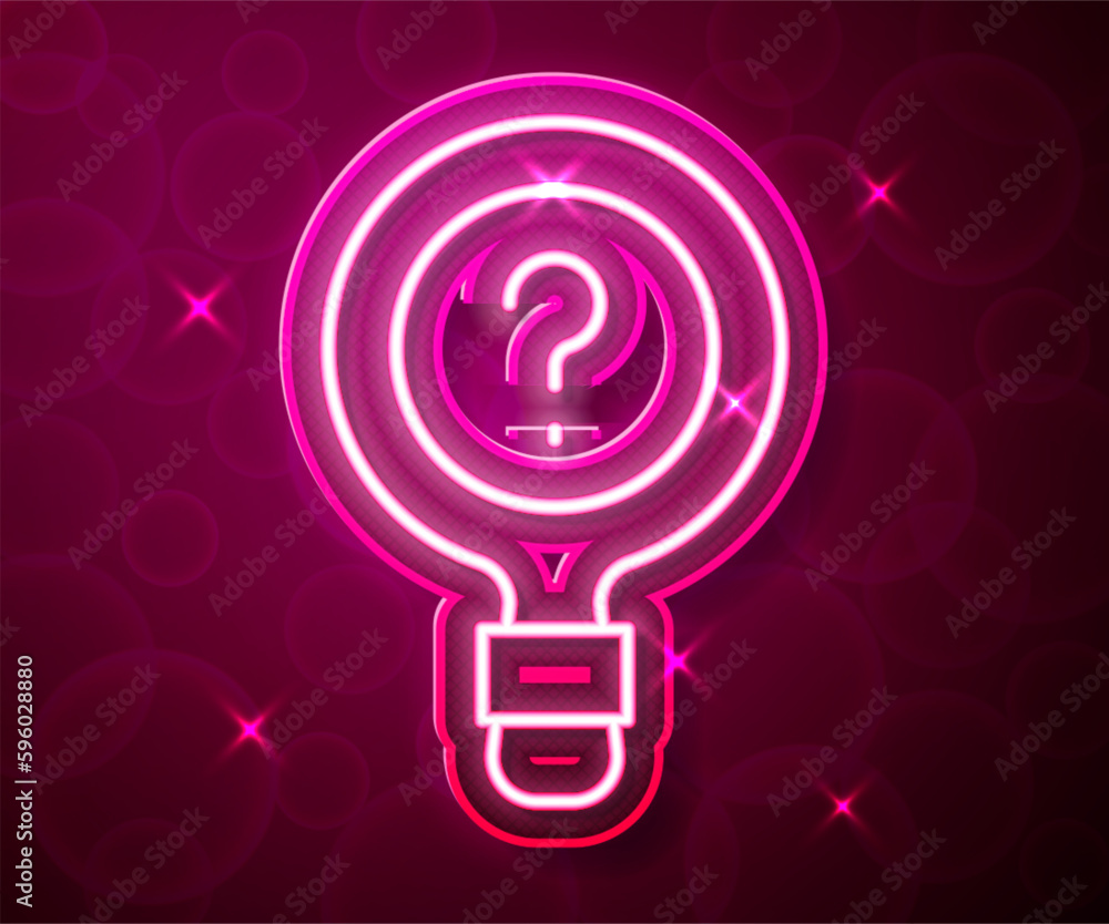 Poster glowing neon line unknown search icon isolated on red background. magnifying glass and question mark