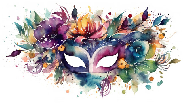 Watercolor Mardi Gras Floral Clipart, white isolated background