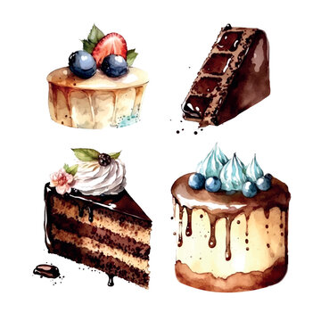 chocolate cake desert watercolor Slice of chocolate cake. Sketch watercolor style. Vector illustration.