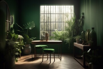 3D green rendering with furniture, plant, and shadows on empty interior under sunlight. Generative AI
