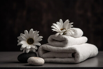 Fototapeta na wymiar Spa still life with towels and orchid flower on dark background Generative ai