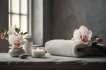 Obraz na płótnie Canvas Spa still life with towels and orchid flower on dark background Generative ai