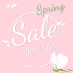 Beutiful delicate pink poster with a magnolia flower and the inscription spring sale. Vector illustration