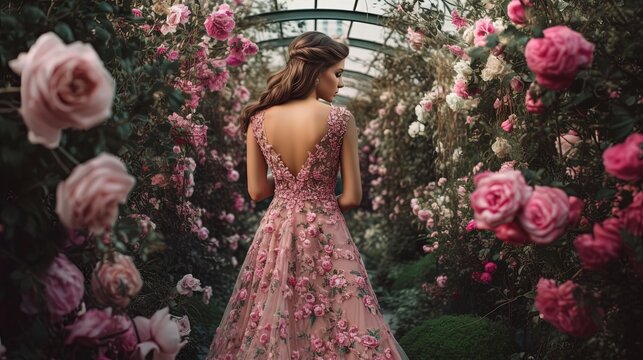 beautiful woman in bridal dress walking in maze rose garden, Generative Ai