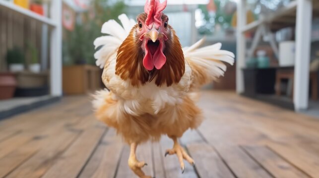 Close up funny hen running towards camera in city flat indoor background. Funny animal illustration. Generated with AI.