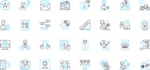 Community engagement linear icons set. Participation, Collaboration, Involvement, Connection, Empowerment, Interaction, Outreach line vector and concept signs. Partnership,Communication,Advocacy