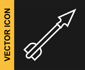 White line Medieval arrow icon isolated on black background. Medieval weapon. Vector