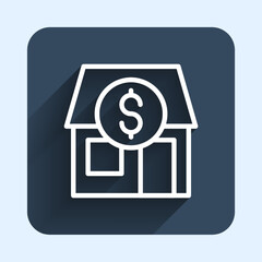 White line Shopping building or market store icon isolated with long shadow background. Shop construction. Blue square button. Vector