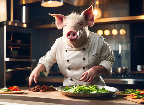 Pig chef in a restaurant kitchen.