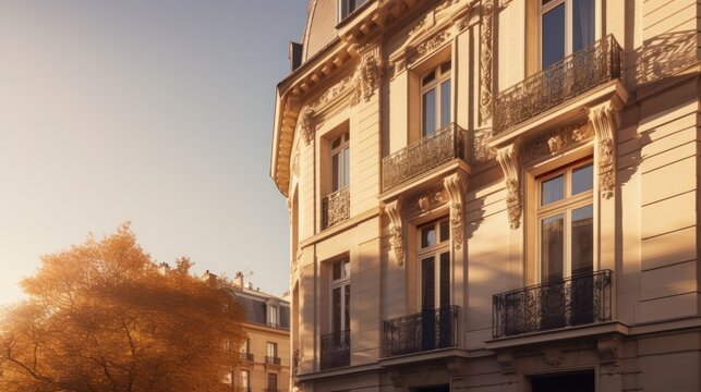 Haussmann exterior house design in daytime golden hour generative ai