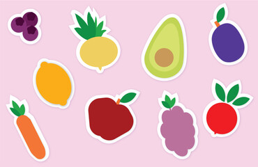 A set of vector flat fruit icons, stickers on pink background. Decorative design. Healthy food, organic food.
