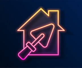 Glowing neon line House or home with trowel icon isolated on black background. Adjusting, service, setting, maintenance, repair, fixing. Vector