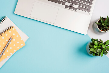 Laptop computer, notepads and succulent plants on blue background. Cozy workplace, work from home concept. Top view, flat lay, copy space