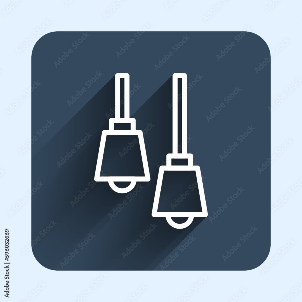 Poster white line lamp hanging icon isolated with long shadow background. ceiling lamp light bulb. blue squ