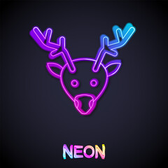 Glowing neon line Reindeer icon isolated on black background. Merry Christmas and Happy New Year. Vector