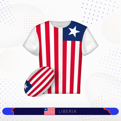 Liberia rugby jersey with rugby ball of Liberia on abstract sport background.