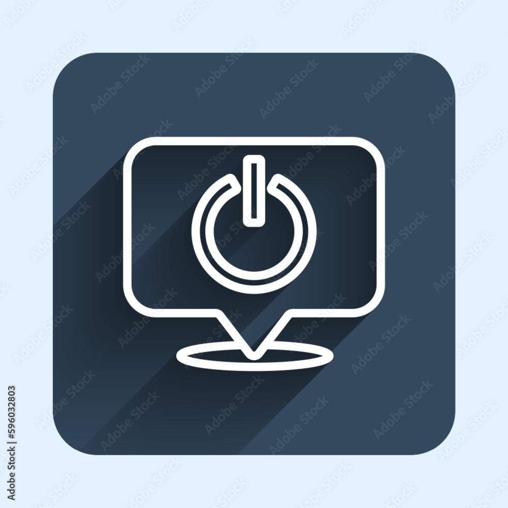 Poster white line power button icon isolated with long shadow background. start sign. blue square button. v