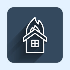 White line Fire in burning house icon isolated with long shadow background. Insurance concept. Security, safety, protection, protect concept. Blue square button. Vector