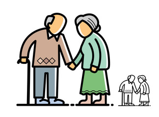 Senior couple - vector design single isolated icon on white background. Image of retired man and woman with walking cane. Elderly people care, aging process concept