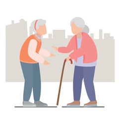 Two old woman in thi city. Old people get together. Vector illustration of a flat design.
