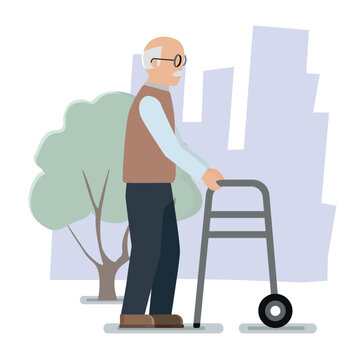 Old man walking with walking frame. Vector image isolated on white background