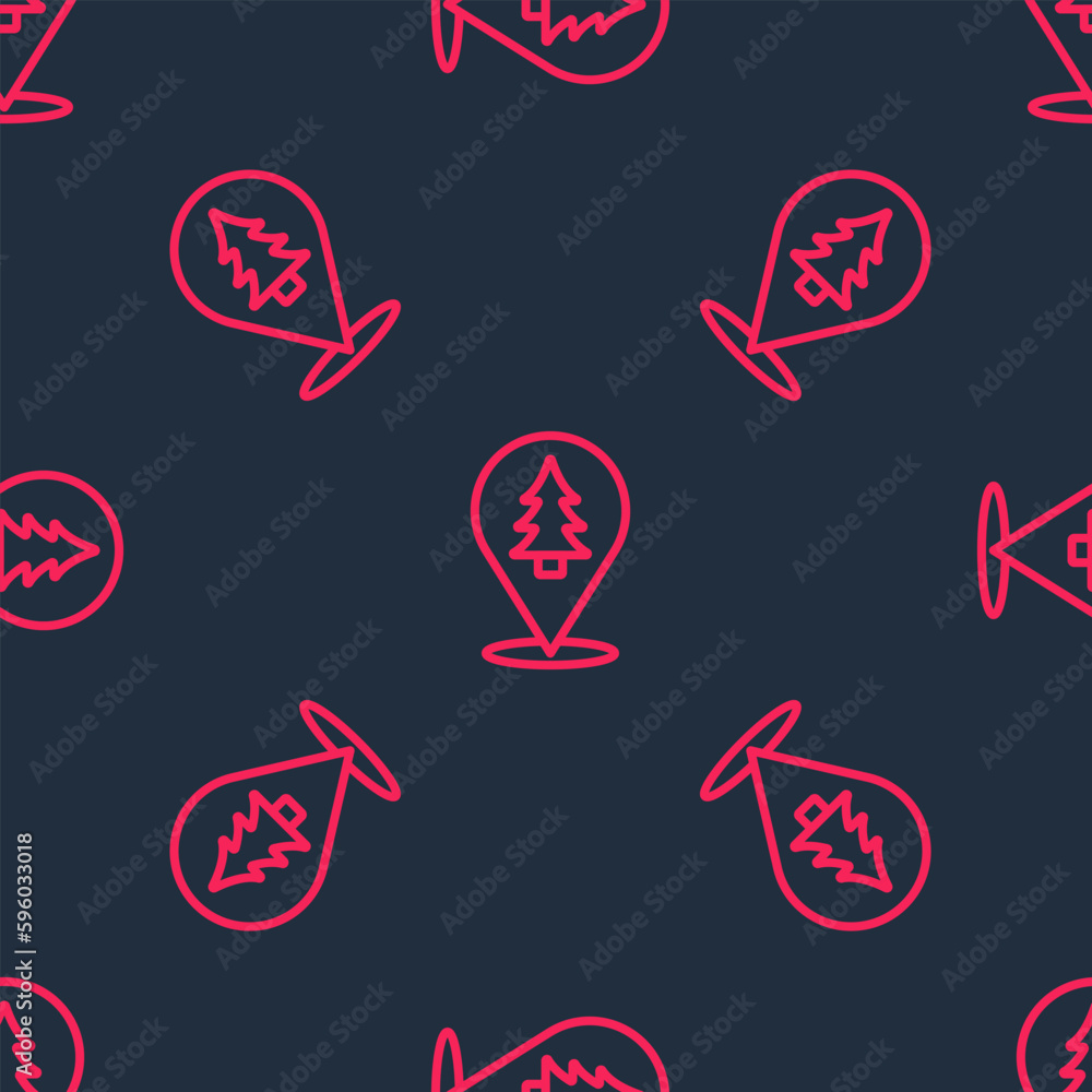 Poster red line location of the forest on a map icon isolated seamless pattern on black background. vector