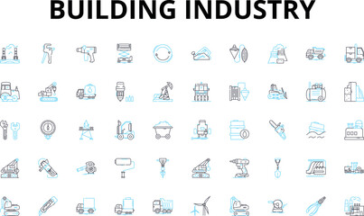 Building industry linear icons set. Architecture, Construction, Design, Engineering, Planning, Development, Concrete vector symbols and line concept signs. Steel,Masonry,Electrical illustration