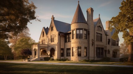Fototapeta premium Romanesque exterior house design in daytime golden hour generative ai