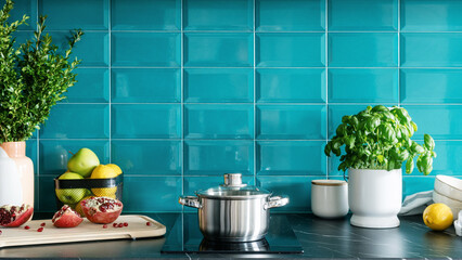 stylish kitchen with cookware, electrical hob and blue tile on wall