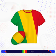 Mali rugby jersey with rugby ball of Mali on abstract sport background.