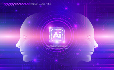AI technology concept artificial abstract human side face and chip circuit board with futuristic style elegant purple pink gradient background