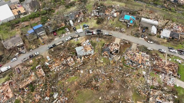 Drone passing over devastation in aftermath of tornado outbreak, Little Rock Arkansas, 3-31-2023