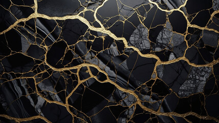 Black marble mosaic with golden veins, japanese kintsugi technique, fake painted artificial stone texture, marbled wallpaper. Generative AI - obrazy, fototapety, plakaty