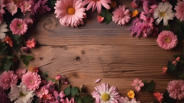 Garden flowers over pink wood, Flat lay, top view. Generative AI
