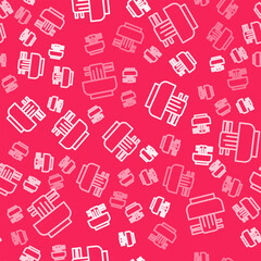 White line Asian noodles in bowl and chopsticks icon isolated seamless pattern on red background. Street fast food. Korean, Japanese, Chinese food. Vector