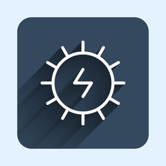 White line Solar energy panel icon isolated with long shadow background. Sun with lightning symbol. Blue square button. Vector