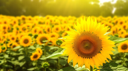 Fototapeta premium Golden field of sunflowers stretching to the horizon. created with Generative AI