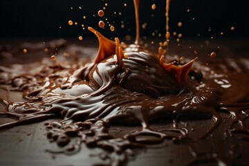 A stream of melted chocolate splashes onto a surface. Generative AI
