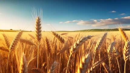 Golden Wheat Field Under Blue Sky. created with Generative AI