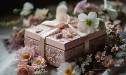 Obraz na płótnie Canvas A gift box with a pink ribbon and a pink bow sits on a table with flowers Generative ai