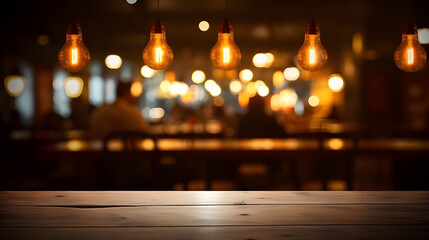 Empty Wooden Table in Front of Abstract Blurred Restaurant Lights Background. created with Generative AI