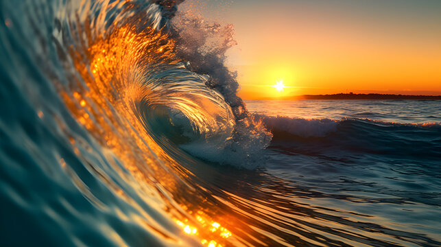 Setting Sun and Rolling Sea Waves. created with Generative AI © photobuay