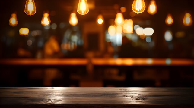 Empty Wooden Table in Front of Abstract Blurred Restaurant Lights Background. Generative AI
